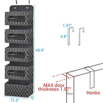 Over the Door Hanging Organizer with 5 Large Pockets - Wall Mount Fabric Pantry Storage with Clear PVC Window & 2 Big Metal Hooks for Closet,Bathroom,Nursery,Bedroom,Dorm,Baby Diapers,Kids Toys (Gray)