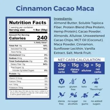 Resist Low Glycemic Protein and Fiber Bars - Cinnamon Cacao Maca | Clinically-Backed, Keto Vegan Bars, Low Sugar, Gluten-Free, Low Carb, No Stevia, No Sugar Alcohols (58g, 12 Count)