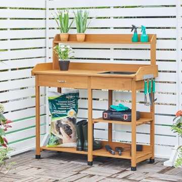 Topeakmart Potting Bench with Sink & Shelves for Garden