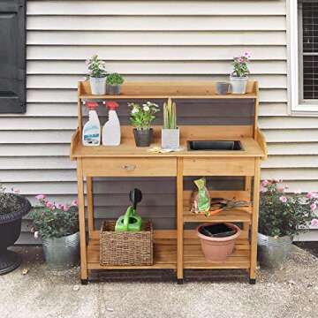 Topeakmart Potting Bench with Sink & Shelves for Garden