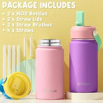Fimibuke Kids Insulated Water Bottle, 14oz BPA FREE Double Wall Vacuum Tumbler 18/8 Stainless Steel Leak Proof Kids Cups with Straw Metal Water Bottle for School Boys Girls (2 Pack, Milky Pastel)