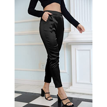 Women's Satin Silky Pants Dress Casual Pull on High Waist Pants with Pockets