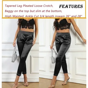 Women's Satin Silky Pants Dress Casual Pull on High Waist Pants with Pockets