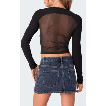 MEALMATO Women Mesh Black Long Sleeve Top Half Ribbed Mesh Crop Top See Through Sheer Tops Sexy Blouse Clubwear