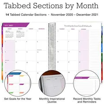 Deluxe 2021 Planner: 14 Months (Nov 2020 Through Dec 2021) 8.5"x11" Includes Page Tabs, Bookmark, Planning Stickers, Pocket Folder Daily Weekly Monthly Planner Yearly Agenda (Black Floral)