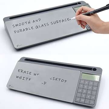 TOWON Desktop Glass Whiteboard with Organizer and Calculator