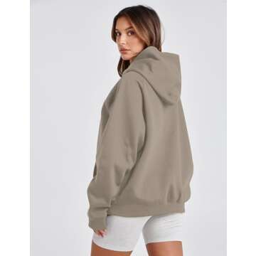 Lauweion Women Solid Basic Fleece Letter Loose Hoodie Sweatshirt Long Sleeve Kangaroo Pocket Drop Shoulder Pullovers Top