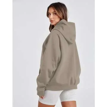 Lauweion Women Solid Basic Fleece Letter Loose Hoodie Sweatshirt Long Sleeve Kangaroo Pocket Drop Shoulder Pullovers Top
