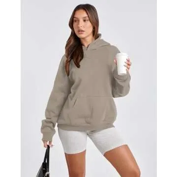 Lauweion Women Solid Basic Fleece Letter Loose Hoodie Sweatshirt Long Sleeve Kangaroo Pocket Drop Shoulder Pullovers Top