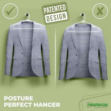 NEATERIZE Clothes Hangers Plastic 100 Pack For Adults - Plastic Hangers, The Perfect Coat Hanger and Space Saving Clothes Hangers for Closet, Percheros Ganchos para Colgar Ropa Hangars - White Hangers