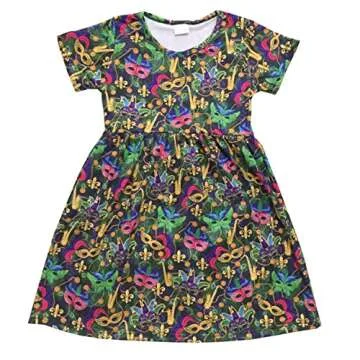 Baby Girl Kids Mardi Gras Carnival Dress with Mardi Gras Face Masks Print (2t) Black