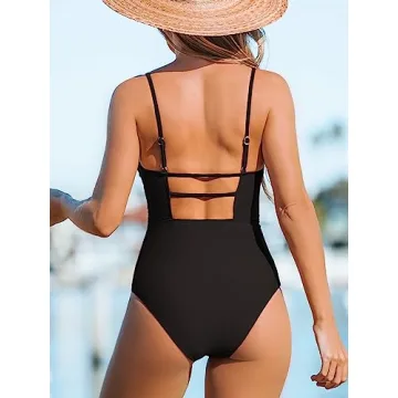 CUPSHE Women's One Piece Swimsuit Square Neck Cutout Back Tummy Control Adjustable Straps Striped Swimwear, M Black