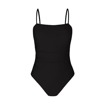 CUPSHE Women's One Piece Swimsuit Square Neck Cutout Back Tummy Control Adjustable Straps Striped Swimwear, M Black