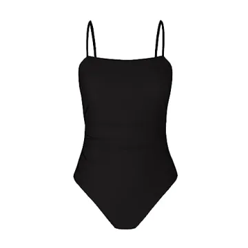 CUPSHE Women's One Piece Swimsuit Square Neck Cutout Back Tummy Control Adjustable Straps Striped Swimwear, M Black