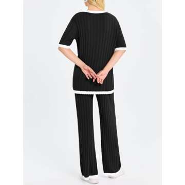 Tankaneo Womens 2 Piece Outfits Ribbed Knit Short Sleeve Tops and Wide Leg Pants Sets Casual Summer ...