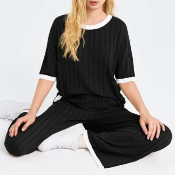 Tankaneo Womens 2 Piece Outfits Ribbed Knit Short Sleeve Tops and Wide Leg Pants Sets Casual Summer Loungewear Tracksuits
