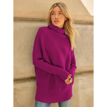 LILLUSORY Womens Turtleneck Oversized Tunic Fall Sweaters 2024 Trendy Casual Long Pullover Knit Winter Casual Cute Poncho Fashion Trendy Clothes Outfits Clothing Tops Hot Pink