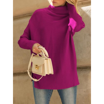 LILLUSORY Womens Turtleneck Oversized Tunic Fall Sweaters 2024 Trendy Casual Long Pullover Knit Winter Casual Cute Poncho Fashion Trendy Clothes Outfits Clothing Tops Hot Pink