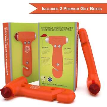 Swiss Safe Durable 5-1 Car Safety Hammer Car Window Breaker Breaker Tool w/Seatbelt Cutter - Emergency Escape Glass Hammer for Car - Truck, Car Safety Essentials & Accessories - Orange, 2 Pack
