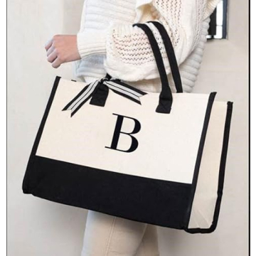 Mud Pie Black and White Initial Canvas Tote Bag B