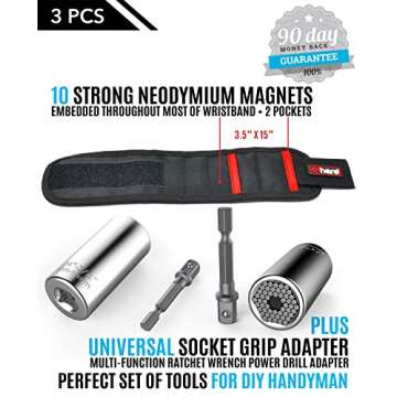 Magnetic Wristband for Holding Tools with Universal Socket Grip - Strong Magnets Armband Tool Holder for Men w/Ratchet Wrench Power Drill Adapter Fathers Day Gifts Tools for Dad, DIY Handyman (Black)