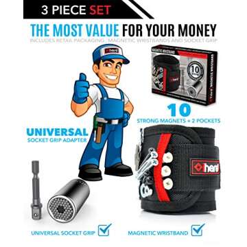 Magnetic Wristband for Holding Tools with Universal Socket Grip - Strong Magnets Armband Tool Holder for Men w/Ratchet Wrench Power Drill Adapter Fathers Day Gifts Tools for Dad, DIY Handyman (Black)