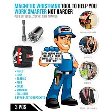 Magnetic Wristband for Holding Tools with Universal Socket Grip - Strong Magnets Armband Tool Holder for Men w/Ratchet Wrench Power Drill Adapter Fathers Day Gifts Tools for Dad, DIY Handyman (Black)