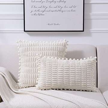 Fancy Homi 2 Packs Cream Boho Decorative Throw Pillow Covers 18x18 Inch with Pom-poms for Couch Bed Living Room, Modern Farmhouse Home Decor, Soft Corduroy Cute Square Cushion Case 45x45 cm