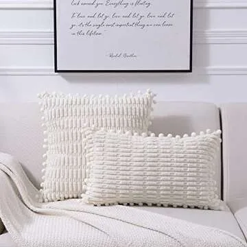 Fancy Homi 2 Packs Cream Boho Decorative Throw Pillow Covers 18x18 Inch with Pom-poms for Couch Bed Living Room, Modern Farmhouse Home Decor, Soft Corduroy Cute Square Cushion Case 45x45 cm