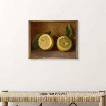 Vintage Lemon Decor - Yellow Lemon Kitchen Decor - Lemon Themed Wall Art Poster Picture Print for Bathroom Bedroom - Fruit Painting for Farmhouse Dining Pantry - Lemon Still Life Sign 11x14 Unframed