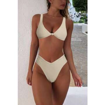 geluboao Apricot Bikini Sets for Women Sexy V Neck Kont Front Push Up Bikini Top High Waisted Bikini Bottom XS