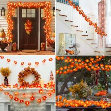 2 Pack Fall Decor Garland for Home, Total 20 Ft 40 LED Maple Leaves Fall Lights Garland with Battery Operated Waterproof Harvest Thanksgiving Halloween Decoration for Indoor Outdoor