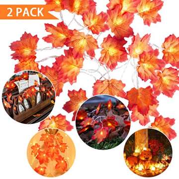 2 Pack Fall Decor Garland for Home, Total 20 Ft 40 LED Maple Leaves Fall Lights Garland with Battery Operated Waterproof Harvest Thanksgiving Halloween Decoration for Indoor Outdoor