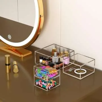 NIUBEE Acrylic Storage Box with Lids, 6.8‘’ Clear Mult-Purpose Box Square Stackable for Office, Home, Mini Cube Containers for Jewelry, Staples, Mini Toys