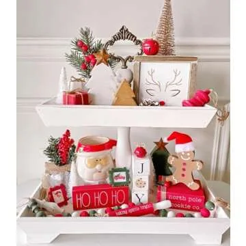 Rustic Wood Two Tiered Tray by Felt Creative Home Goods, Rectangle 2 Tier Serving Tray for Coffee Bar, Kitchen Counter, Dining Room Table, Cupcake Stand, Holiday and Farmhouse Decor (Rustic White)
