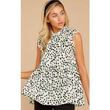 Angashion Women's Tops Casual Floral Print Cap Sleeve Ruffle Neck Loose Babydoll Shirt Blouse Tunic Top White L