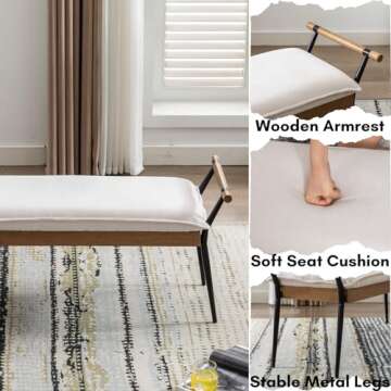 Ya-Home Mid-Century Modern Bench, Upholstered Chenille Fabric Entryway Bench with Armrest Metal Legs Ottoman for Bedroom Living Room, White