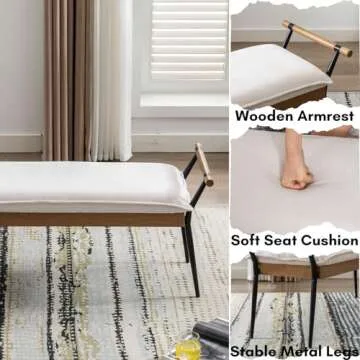 Ya-Home Mid-Century Modern Bench, Upholstered Chenille Fabric Entryway Bench with Armrest Metal Legs Ottoman for Bedroom Living Room, White