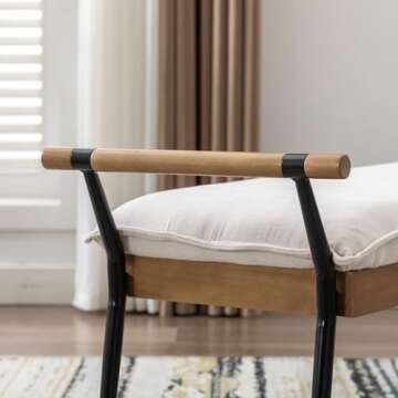 Ya-Home Mid-Century Modern Bench, Upholstered Chenille Fabric Entryway Bench with Armrest Metal Legs Ottoman for Bedroom Living Room, White