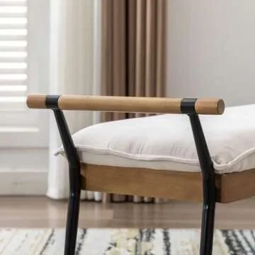 Ya-Home Mid-Century Modern Bench, Upholstered Chenille Fabric Entryway Bench with Armrest Metal Legs Ottoman for Bedroom Living Room, White