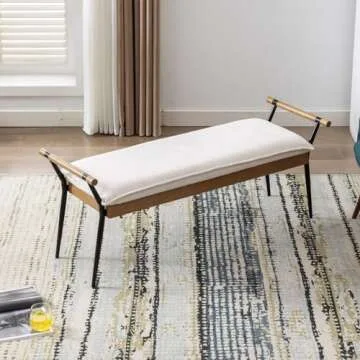 Ya-Home Mid-Century Modern Bench, Upholstered Chenille Fabric Entryway Bench with Armrest Metal Legs Ottoman for Bedroom Living Room, White