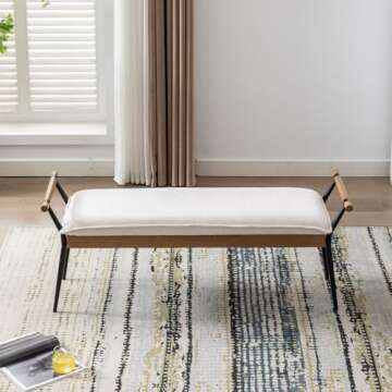 Ya-Home Mid-Century Modern Bench, Upholstered Chenille Fabric Entryway Bench with Armrest Metal Legs Ottoman for Bedroom Living Room, White