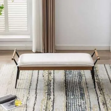 Ya-Home Mid-Century Modern Bench, Upholstered Chenille Fabric Entryway Bench with Armrest Metal Legs Ottoman for Bedroom Living Room, White