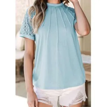 EVALESS Womens Fashion Spring Summer Tops 2025 Crewneck Sexy Patchwork Lace Short Sleeve Outfits T S...