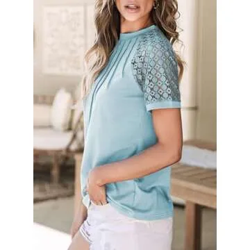 EVALESS Womens Fashion Spring Summer Tops 2025 Crewneck Sexy Patchwork Lace Short Sleeve Outfits T Shirts Casual Going Out Knitted Tops Blouses Clothes Sky Blue Medium
