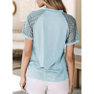 EVALESS Womens Fashion Spring Summer Tops 2025 Crewneck Sexy Patchwork Lace Short Sleeve Outfits T Shirts Casual Going Out Knitted Tops Blouses Clothes Sky Blue Medium
