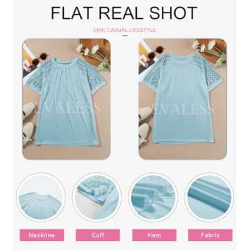 EVALESS Womens Fashion Spring Summer Tops 2025 Crewneck Sexy Patchwork Lace Short Sleeve Outfits T Shirts Casual Going Out Knitted Tops Blouses Clothes Sky Blue Medium
