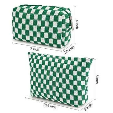 SOIDRAM 2 Pieces Makeup Bag Large Checkered Cosmetic Bag Capacity Canvas Mix Travel Toiletry Bag Organizer Cute Makeup Brushes Aesthetic Accessories Storage Bag for Women, Checkered Mix Green
