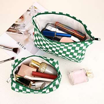 SOIDRAM 2 Pieces Makeup Bag Large Checkered Cosmetic Bag Capacity Canvas Mix Travel Toiletry Bag Organizer Cute Makeup Brushes Aesthetic Accessories Storage Bag for Women, Checkered Mix Green