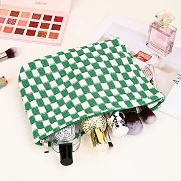 SOIDRAM 2 Pieces Makeup Bag Large Checkered Cosmetic Bag Capacity Canvas Mix Travel Toiletry Bag Organizer Cute Makeup Brushes Aesthetic Accessories Storage Bag for Women, Checkered Mix Green
